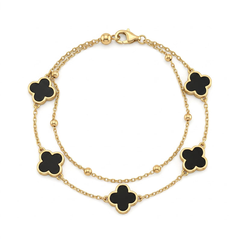 Bracciale Doppio Filo con Quadrifogli in Smalto Nero e Sfere - My Mo Gioielli
